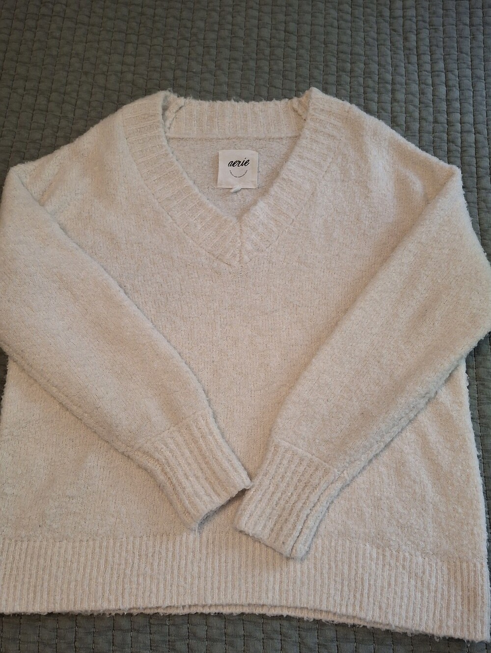 aerie Cream V-Neck Plush Knit Sweater